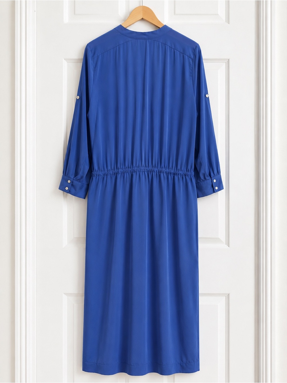 Chico’s Black Label Blue Satin Maxi Dress M Long Sleeve Drawstring Button Front - Picture 4 of 11
